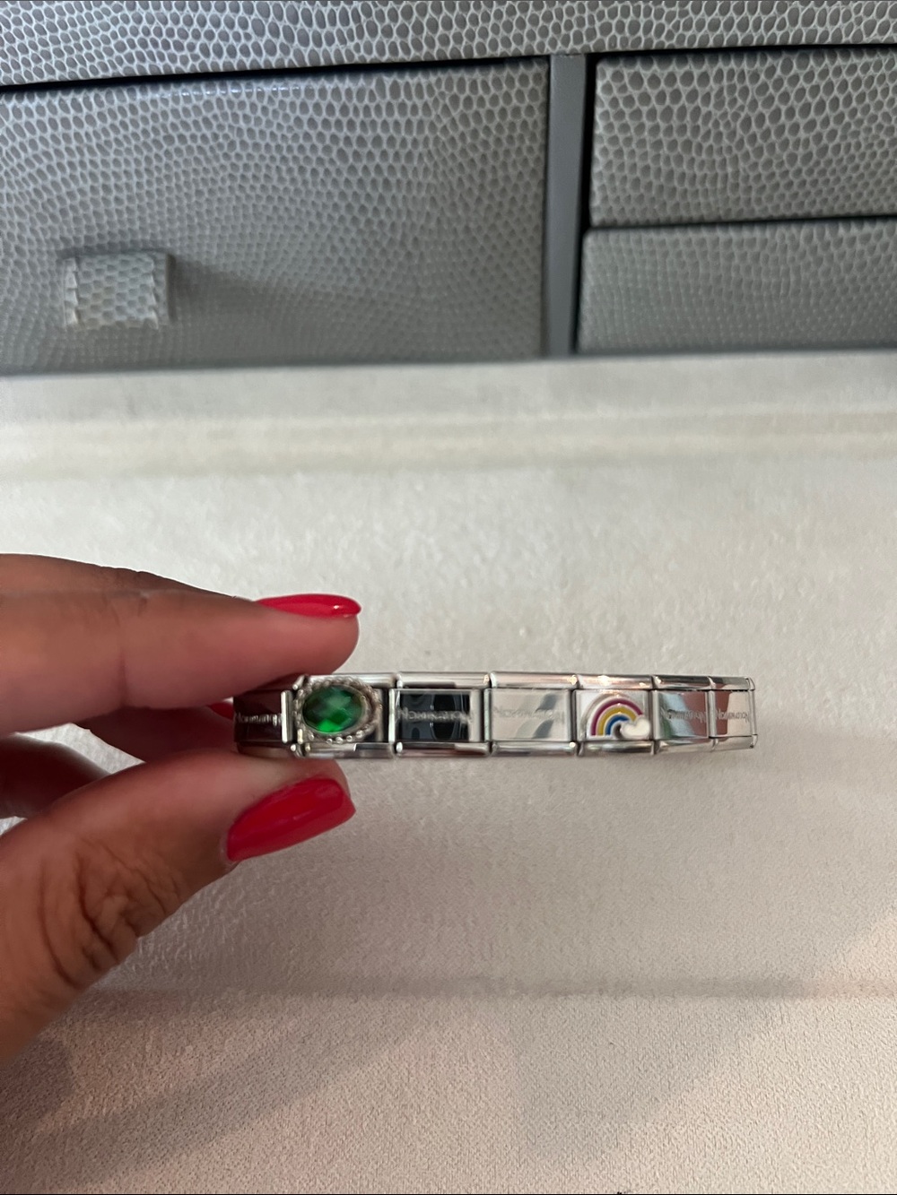 Silver Link Bracelet with Green Crystal and Rainbow Charm